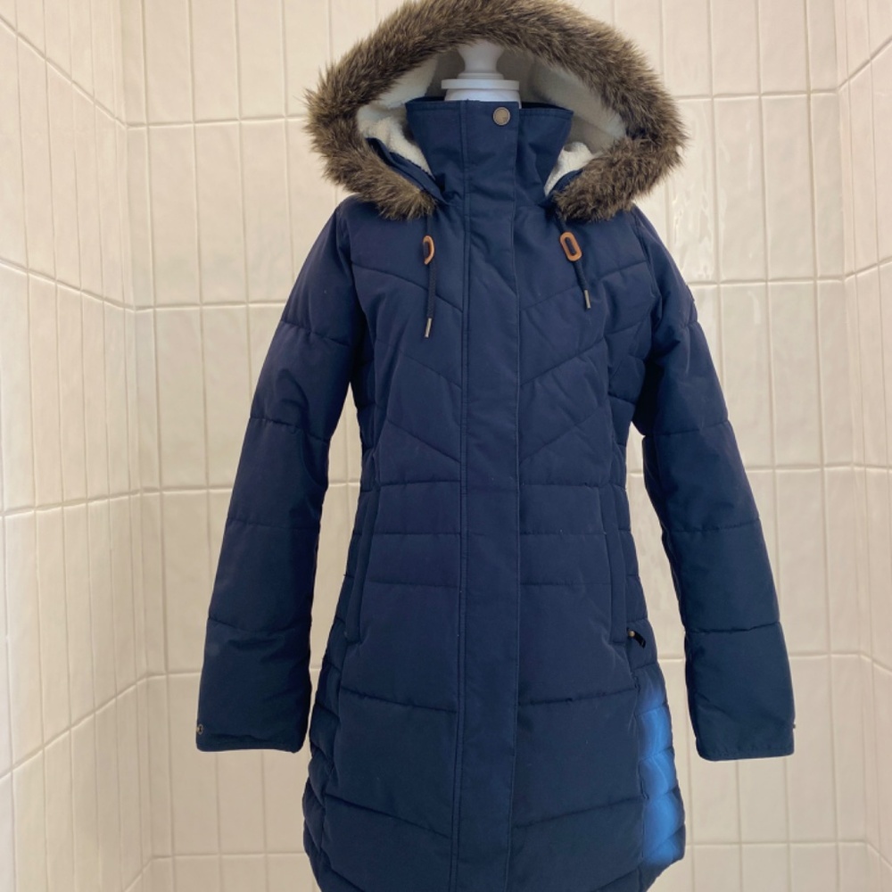 Roxy Women's Winter Coat - Cozy - Navy with Faux Fur Trim - Size S